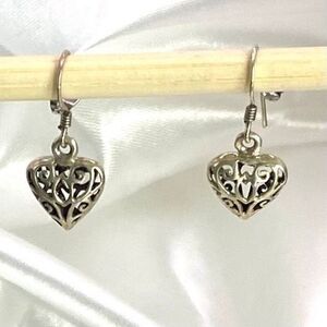 APF Sterling 925 Heart Filigree 1” Dangle Earrings